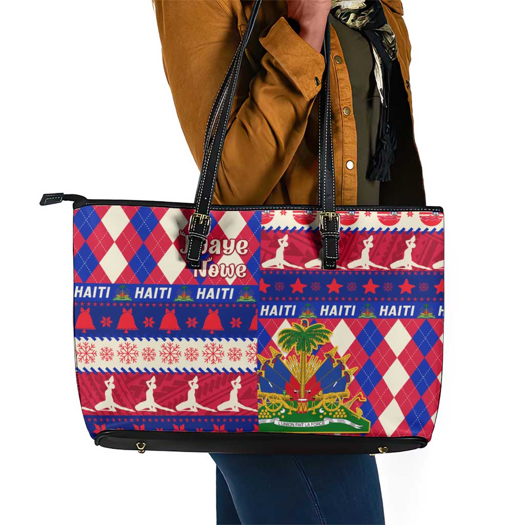 Afro Haiti Christmas Leather Tote Bag Jwaye Nowe Neg Marron With Coat Of Arms - African Pride
