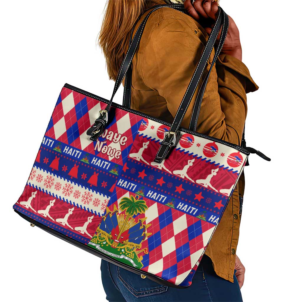 Afro Haiti Christmas Leather Tote Bag Jwaye Nowe Neg Marron With Coat Of Arms - African Pride