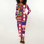 Afro Haiti Christmas Long Sleeve Bodycon Dress Jwaye Nowe Neg Marron With Coat Of Arms - African Pride