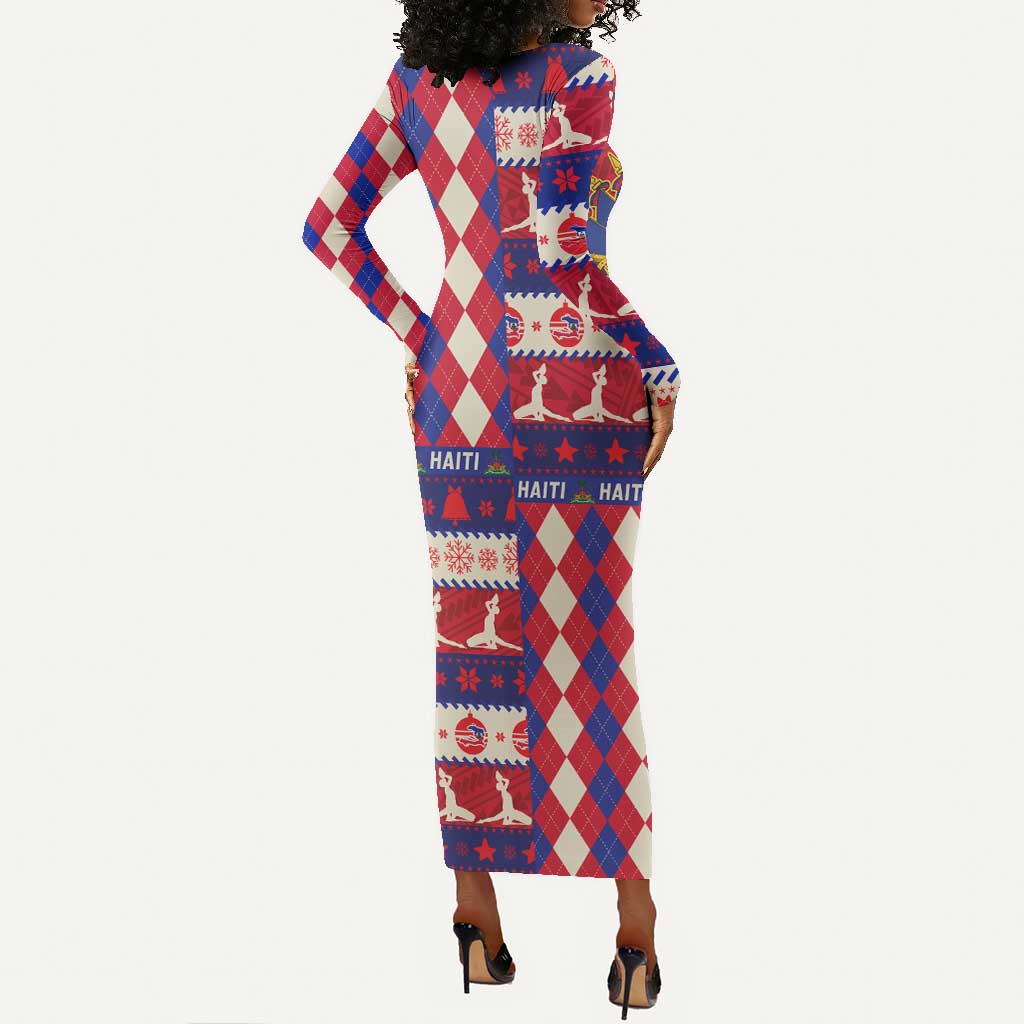Afro Haiti Christmas Long Sleeve Bodycon Dress Jwaye Nowe Neg Marron With Coat Of Arms - African Pride