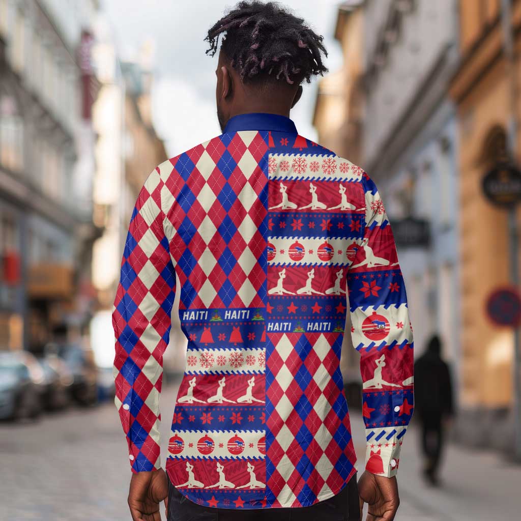 Afro Haiti Christmas Long Sleeve Button Shirt Jwaye Nowe Neg Marron With Coat Of Arms - African Pride
