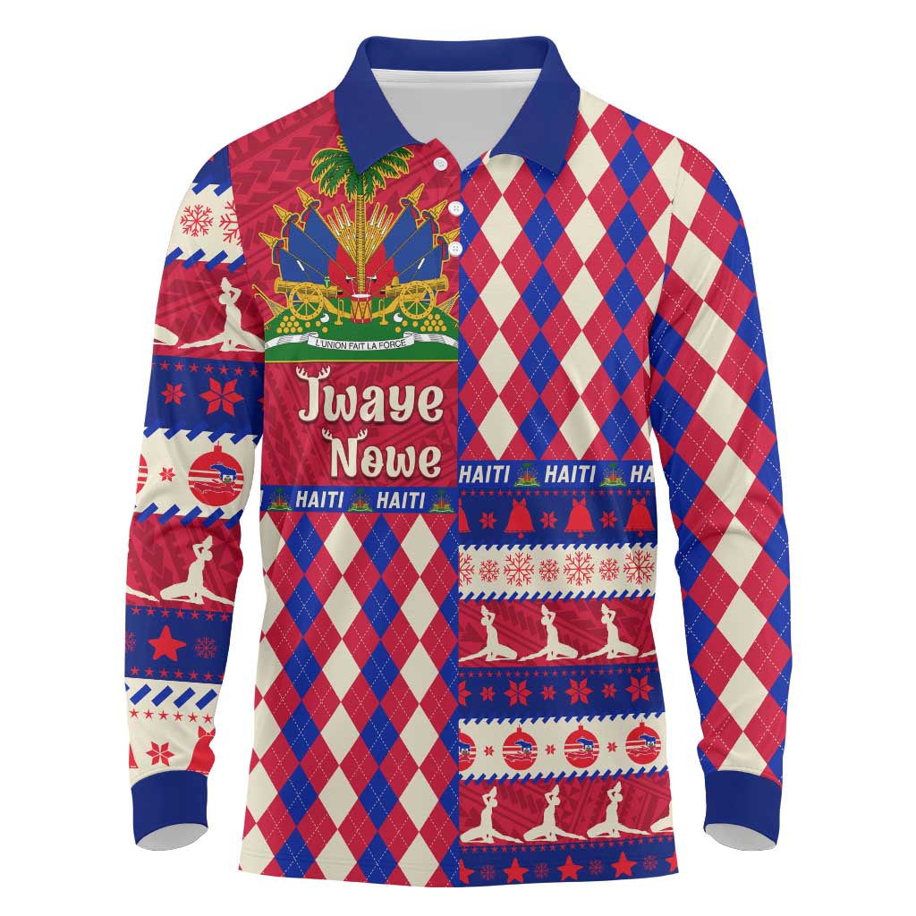 Afro Haiti Christmas Long Sleeve Polo Shirt Jwaye Nowe Neg Marron With Coat Of Arms - African Pride