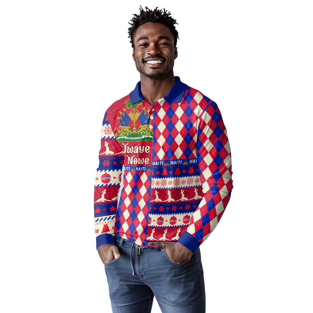 Afro Haiti Christmas Long Sleeve Polo Shirt Jwaye Nowe Neg Marron With Coat Of Arms - African Pride