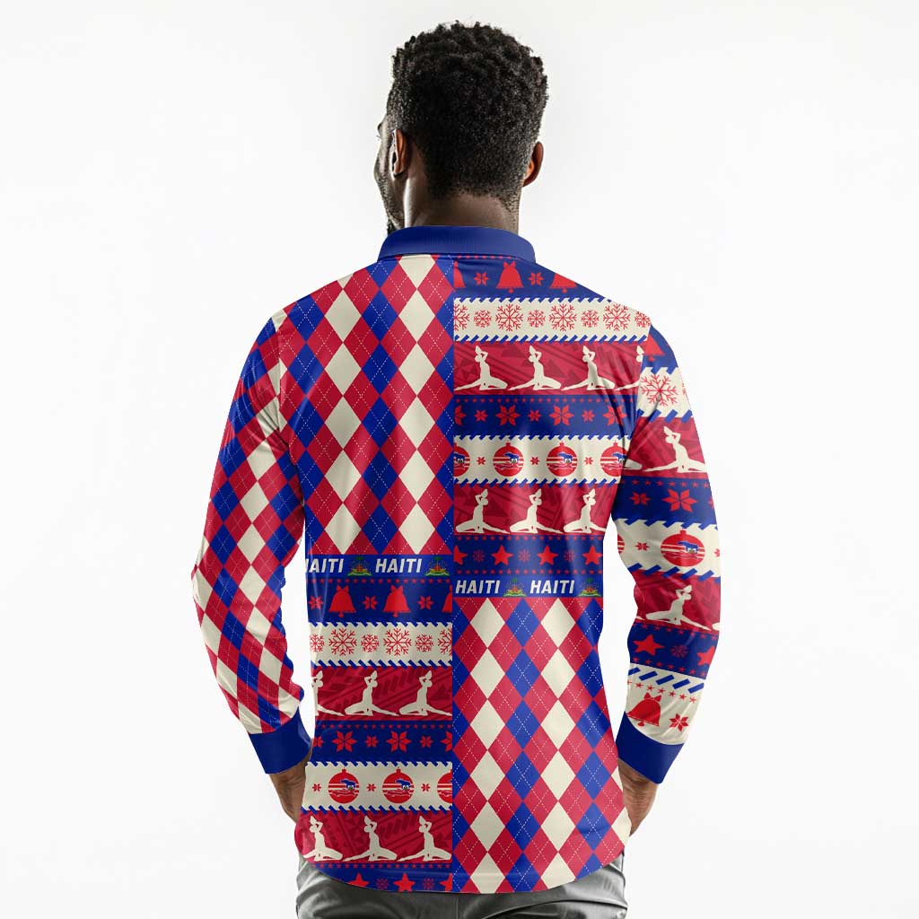 Afro Haiti Christmas Long Sleeve Polo Shirt Jwaye Nowe Neg Marron With Coat Of Arms - African Pride
