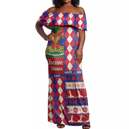 Afro Haiti Christmas Off Shoulder Maxi Dress Jwaye Nowe Neg Marron With Coat Of Arms - African Pride