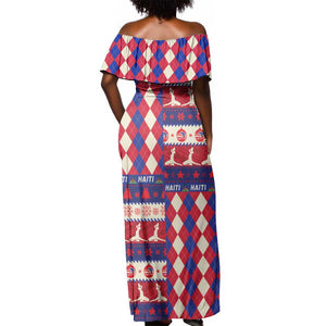 Afro Haiti Christmas Off Shoulder Maxi Dress Jwaye Nowe Neg Marron With Coat Of Arms - African Pride