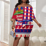 Afro Haiti Christmas Off Shoulder Short Dress Jwaye Nowe Neg Marron With Coat Of Arms - African Pride