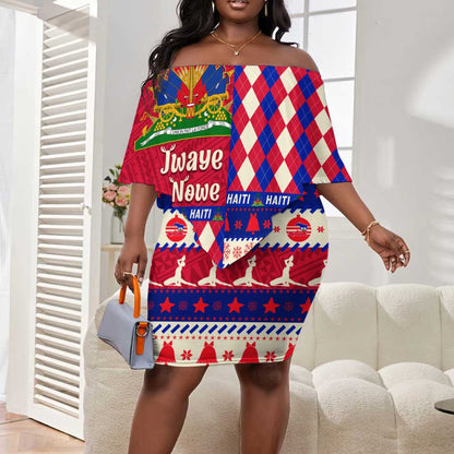 Afro Haiti Christmas Off Shoulder Short Dress Jwaye Nowe Neg Marron With Coat Of Arms - African Pride