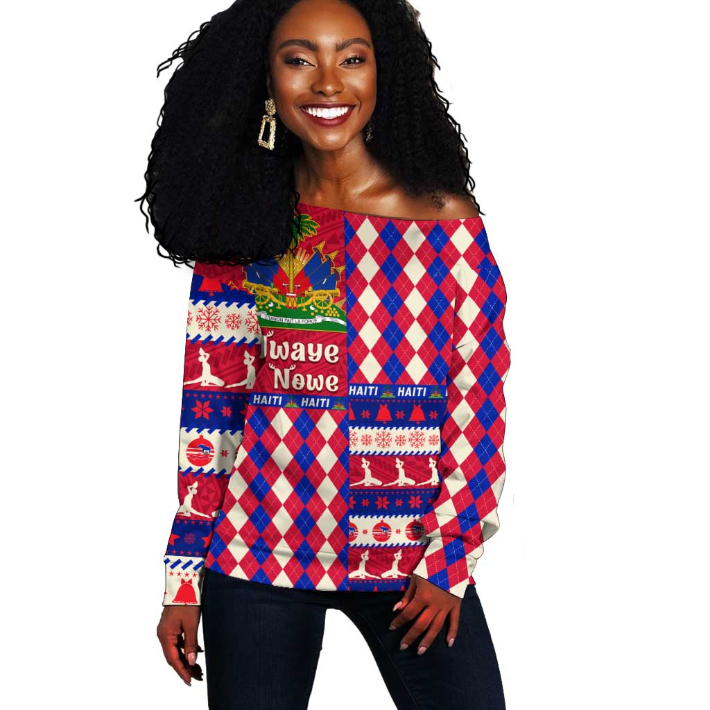 Afro Haiti Christmas Off Shoulder Sweater Jwaye Nowe Neg Marron With Coat Of Arms - African Pride