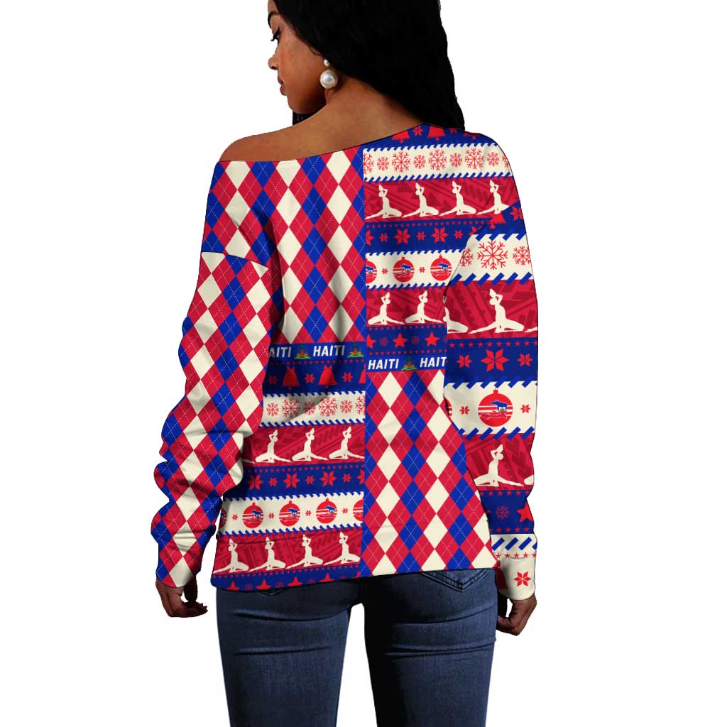 Afro Haiti Christmas Off Shoulder Sweater Jwaye Nowe Neg Marron With Coat Of Arms - African Pride