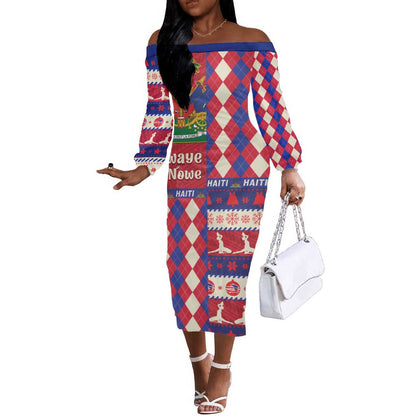Afro Haiti Christmas Off The Shoulder Long Sleeve Dress Jwaye Nowe Neg Marron With Coat Of Arms - African Pride