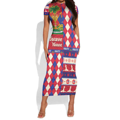 Afro Haiti Christmas Short Sleeve Bodycon Dress Jwaye Nowe Neg Marron With Coat Of Arms - African Pride