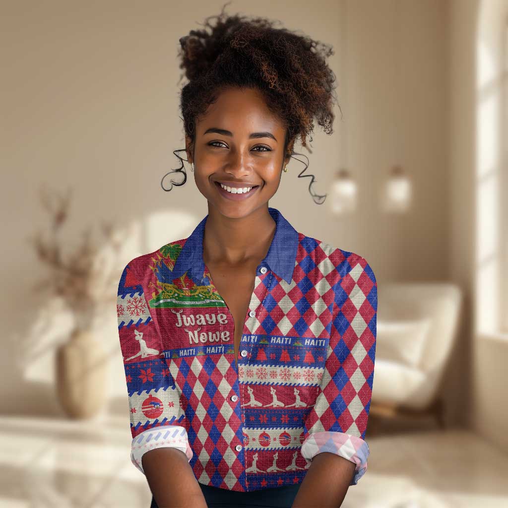 Afro Haiti Christmas Women Casual Shirt Jwaye Nowe Neg Marron With Coat Of Arms - African Pride