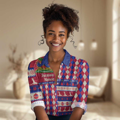 Afro Haiti Christmas Women Casual Shirt Jwaye Nowe Neg Marron With Coat Of Arms - African Pride