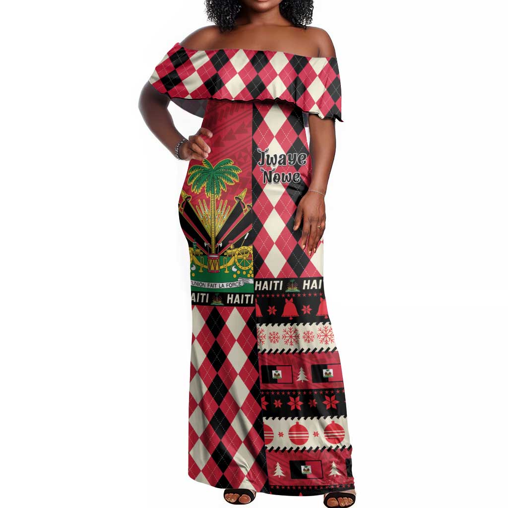 Afro Haiti 1964 Christmas Off Shoulder Maxi Dress Jwaye Nowe Neg Marron With Coat Of Arms - African Pride