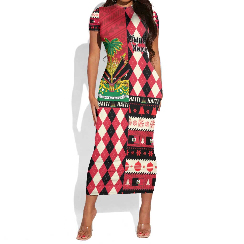 Afro Haiti 1964 Christmas Short Sleeve Bodycon Dress Jwaye Nowe Neg Marron With Coat Of Arms - African Pride