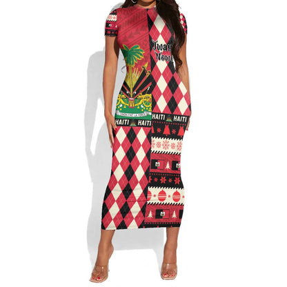 Afro Haiti 1964 Christmas Short Sleeve Bodycon Dress Jwaye Nowe Neg Marron With Coat Of Arms - African Pride