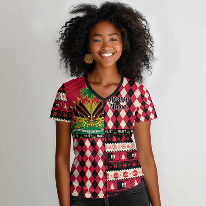 Afro Haiti 1964 Christmas Women V-Neck T-Shirt Jwaye Nowe Neg Marron With Coat Of Arms - African Pride