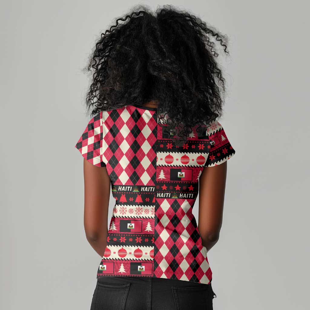 Afro Haiti 1964 Christmas Women V-Neck T-Shirt Jwaye Nowe Neg Marron With Coat Of Arms - African Pride