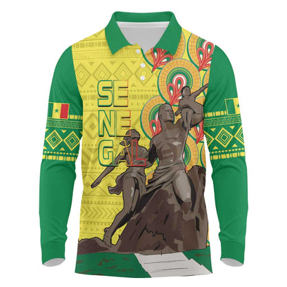 Senegal Monument de la Renaissance Long Sleeve Polo Shirt Africaine Ankara Pattern