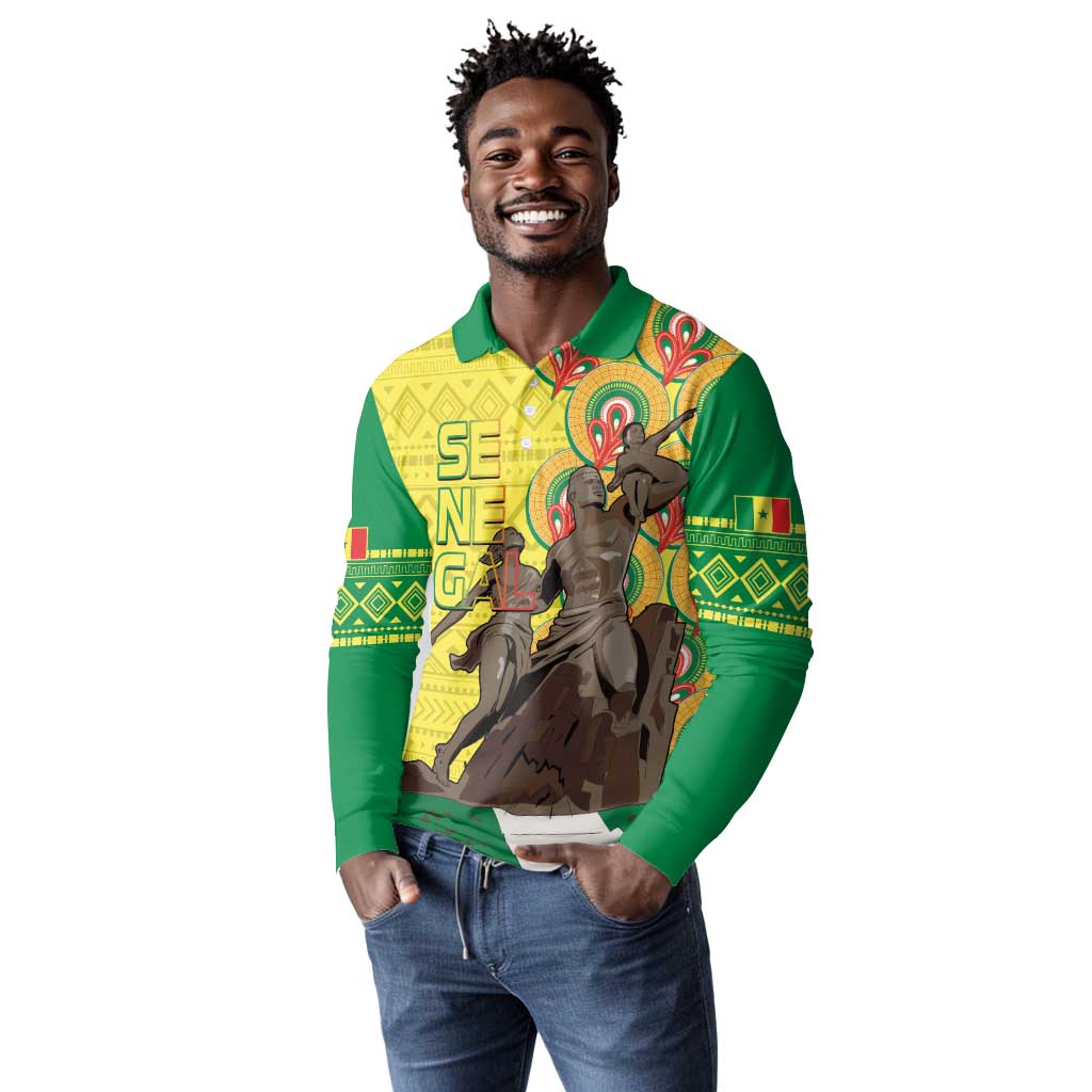 Senegal Monument de la Renaissance Long Sleeve Polo Shirt Africaine Ankara Pattern