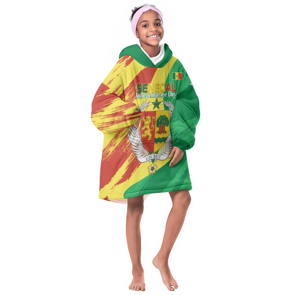 Afro Senegal Independence Day Kid Wearable Blanket Hoodie Coat Of Arms Grunge Style