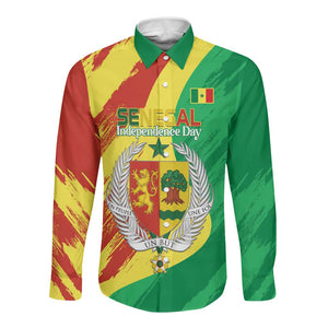 Afro Senegal Independence Day Long Sleeve Button Shirt Coat Of Arms Grunge Style