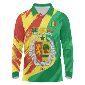 Afro Senegal Independence Day Long Sleeve Polo Shirt Coat Of Arms Grunge Style