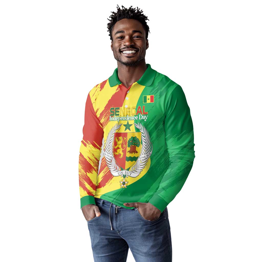 Afro Senegal Independence Day Long Sleeve Polo Shirt Coat Of Arms Grunge Style