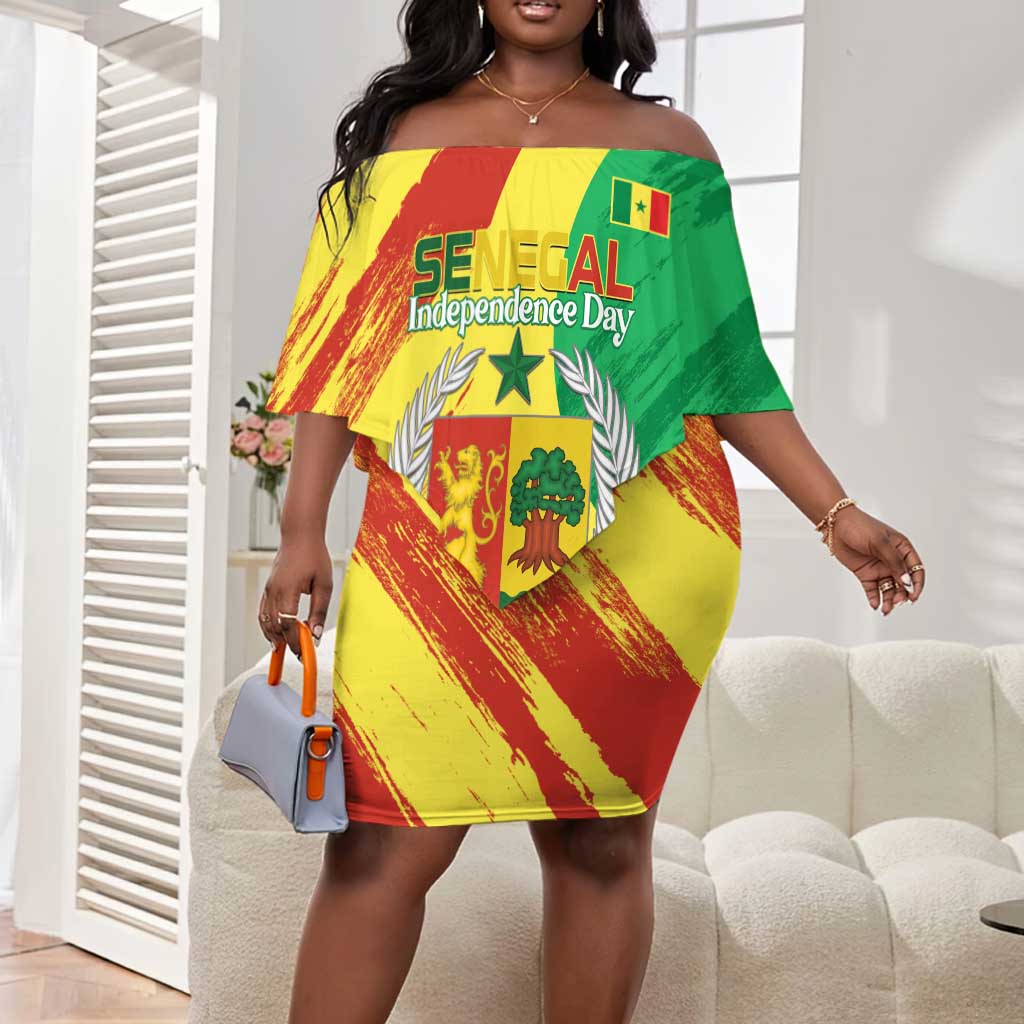 Afro Senegal Independence Day Off Shoulder Short Dress Coat Of Arms Grunge Style
