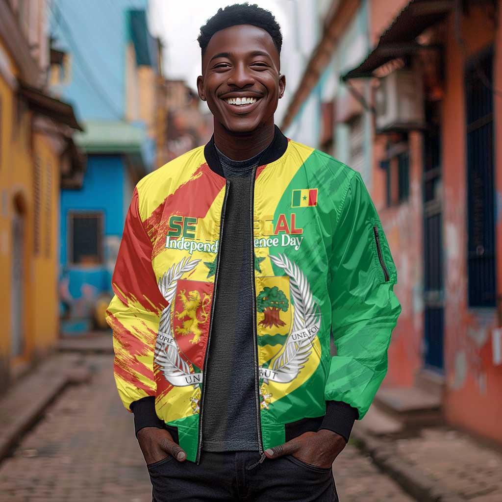 Afro Senegal Independence Day Sleeve Zip Bomber Jacket Coat Of Arms Grunge Style