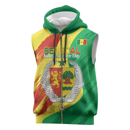 Afro Senegal Independence Day Sleeveless Zip Hoodie Coat Of Arms Grunge Style - African Pride