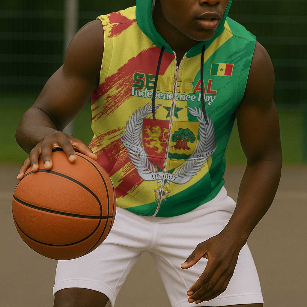 Afro Senegal Independence Day Sleeveless Zip Hoodie Coat Of Arms Grunge Style - African Pride