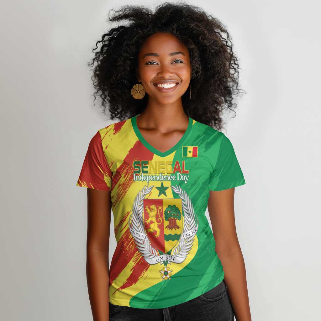 Afro Senegal Independence Day Women V-Neck T-Shirt Coat Of Arms Grunge Style