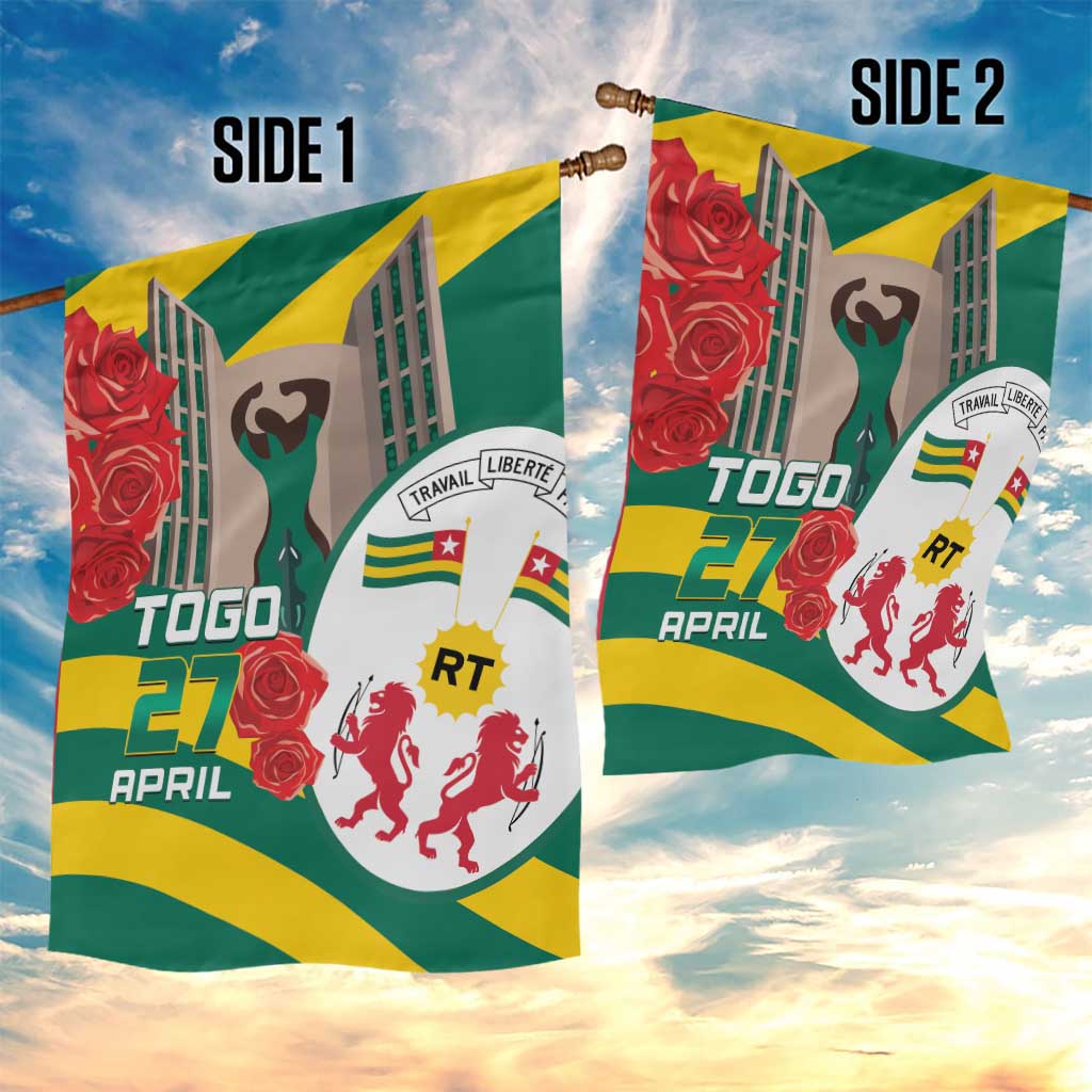 Republique Togolaise Monument de l'Independance Garden Flag African Pinkish Rose Coat Of Arms