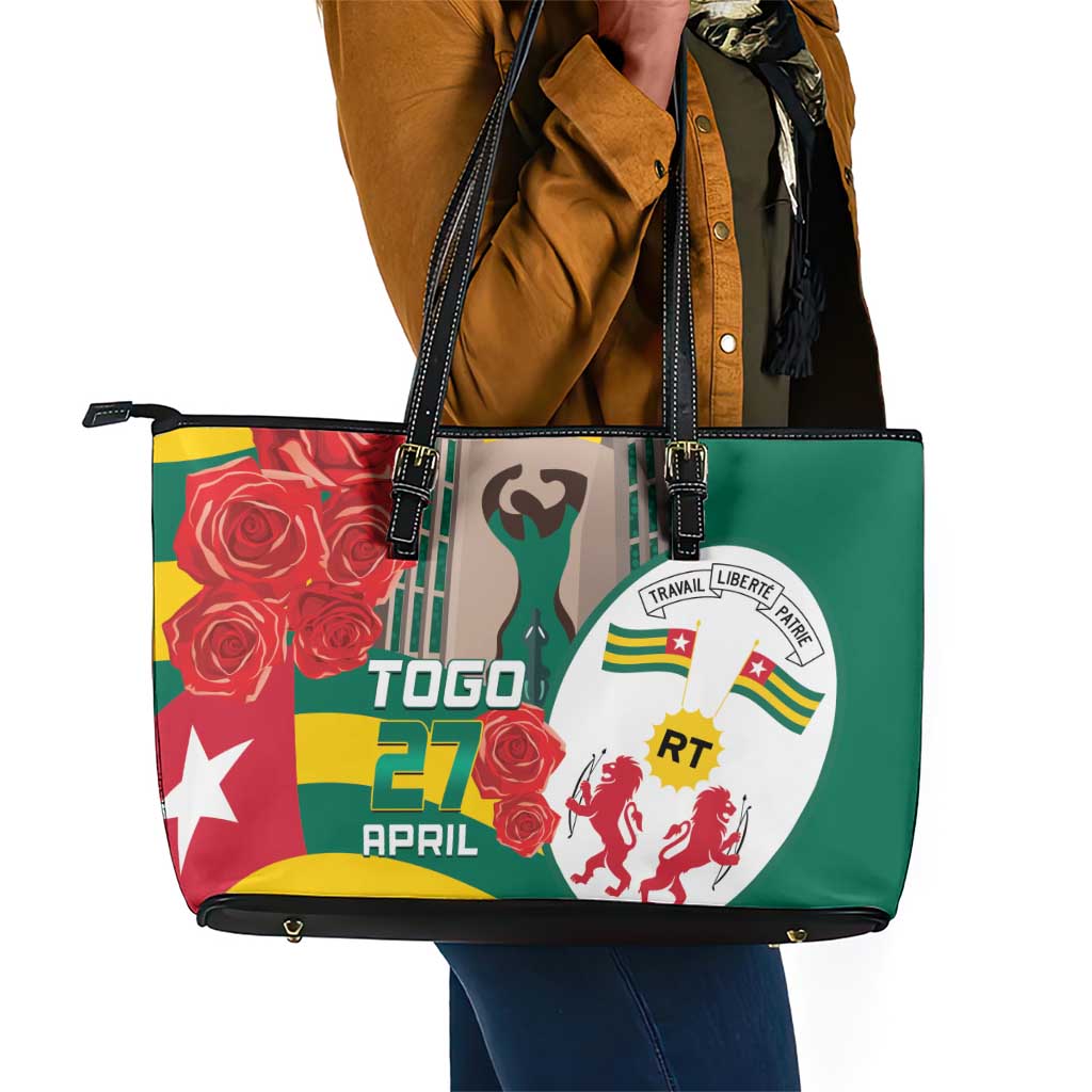 Republique Togolaise Monument de l'Independance Leather Tote Bag African Pinkish Rose Coat Of Arms