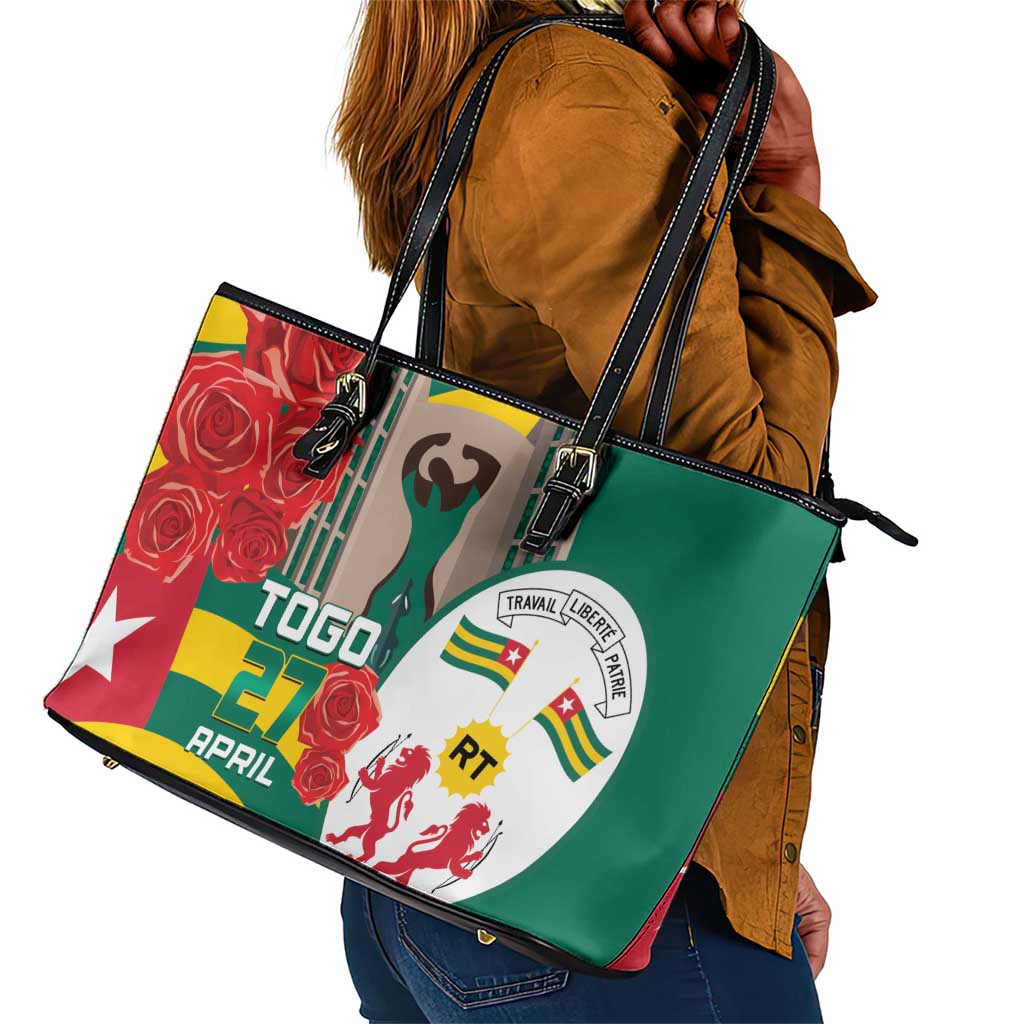 Republique Togolaise Monument de l'Independance Leather Tote Bag African Pinkish Rose Coat Of Arms