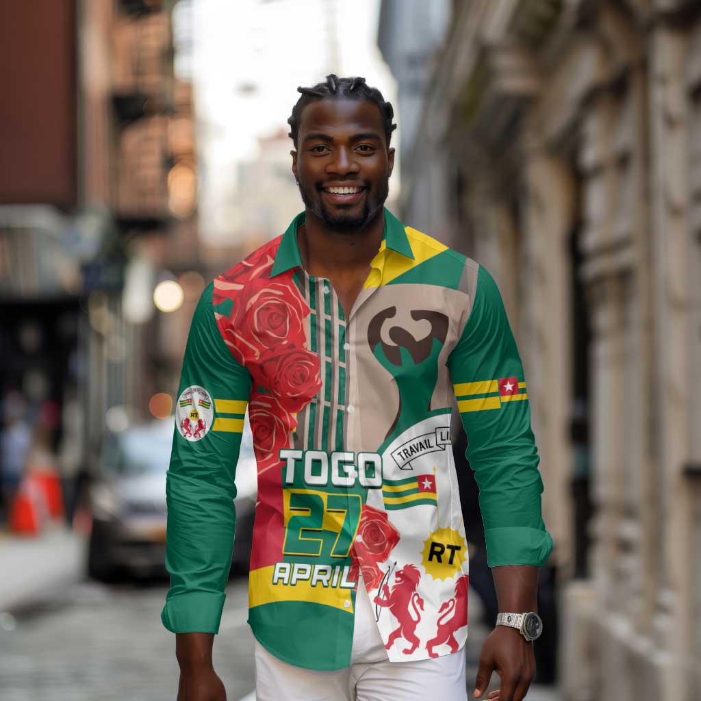 Republique Togolaise Monument de l'Independance Long Sleeve Button Shirt African Pinkish Rose Coat Of Arms