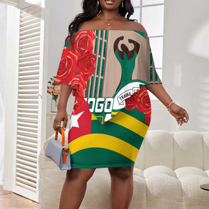 Republique Togolaise Monument de l'Independance Off Shoulder Short Dress African Pinkish Rose Coat Of Arms