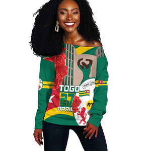 Republique Togolaise Monument de l'Independance Off Shoulder Sweater African Pinkish Rose Coat Of Arms