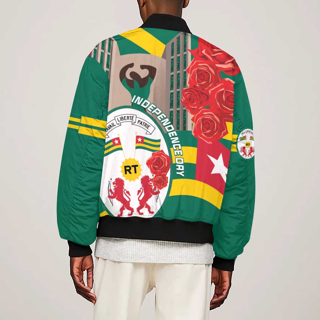Republique Togolaise Monument de l'Independance Sleeve Zip Bomber Jacket African Pinkish Rose Coat Of Arms