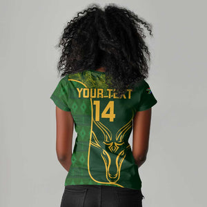 Custom South Africa Rugby Women V-Neck T-Shirt Go Champions Springboks Flower