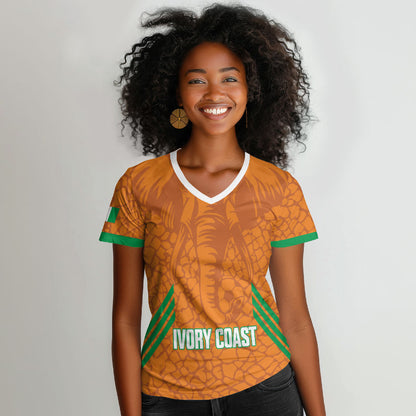 Ivory Coast Football Custom Women V-Neck T-Shirt Les Elephants Dames Skin Style