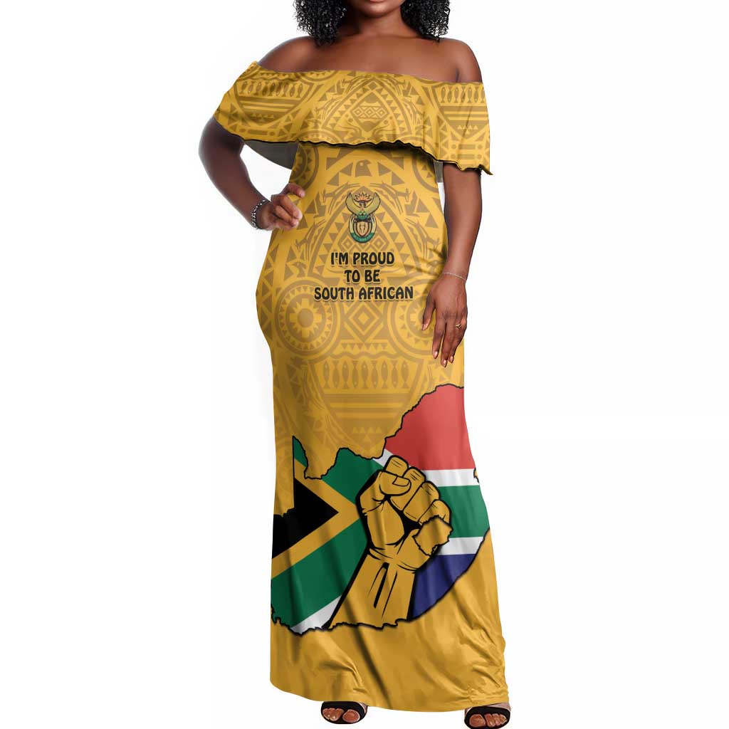 Personalised South Africa Off Shoulder Maxi Dress African Pattern Happy Freedom Day Yellow Version