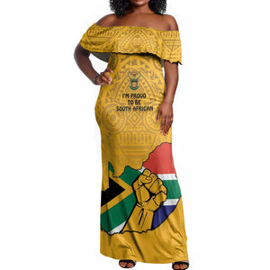 Personalised South Africa Off Shoulder Maxi Dress African Pattern Happy Freedom Day Yellow Version