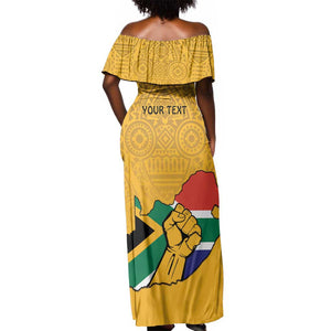 Personalised South Africa Off Shoulder Maxi Dress African Pattern Happy Freedom Day Yellow Version