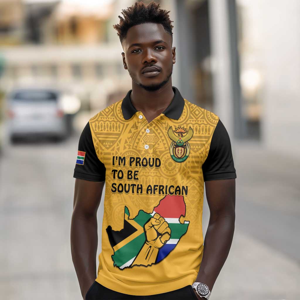Personalised South Africa Polo Shirt African Pattern Happy Freedom Day Yellow Version