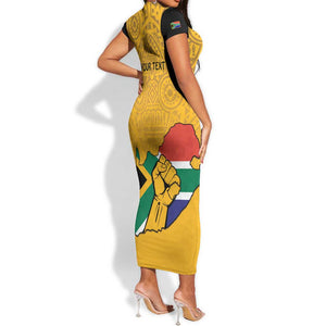 Personalised South Africa Short Sleeve Bodycon Dress African Pattern Happy Freedom Day Yellow Version