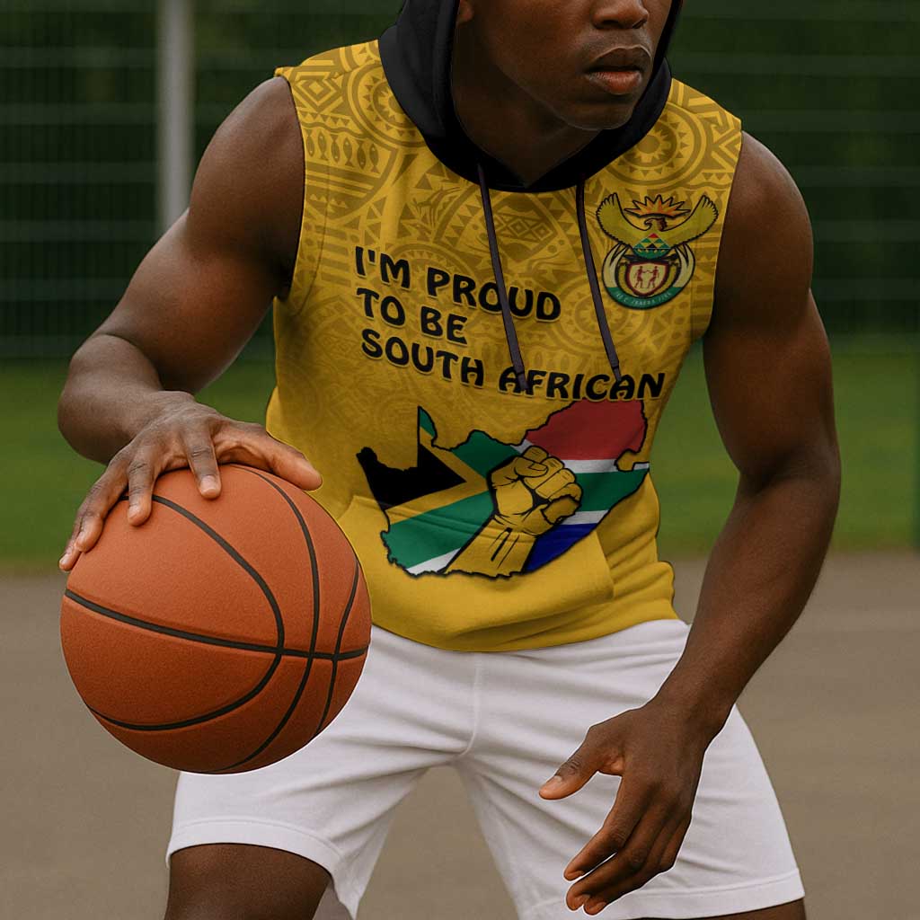 Personalised South Africa Sleeveless Hoodie African Pattern Happy Freedom Day Yellow Version - African Pride