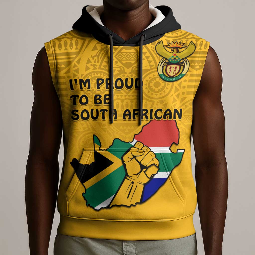 Personalised South Africa Sleeveless Hoodie African Pattern Happy Freedom Day Yellow Version - African Pride